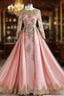 Formally Gold Lace Appliques Pink Tulle Long Sleeve Prom Dresses