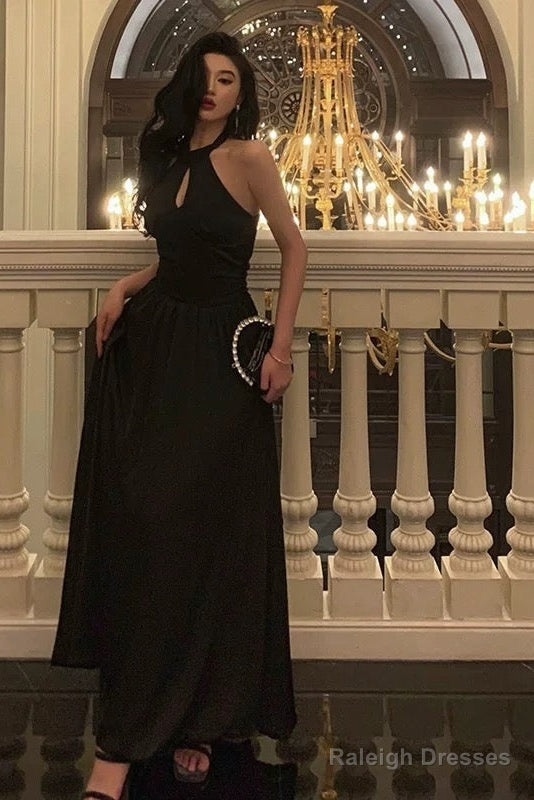 French A Line Halter Sleeveless Black Prom Dresses Birthday Outfits