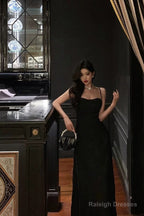 French A-Line Spaghetti Straps Black Long Lace Prom Dress Birthday Outfits Prom Gowns