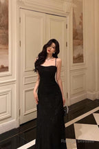 French A-Line Spaghetti Straps Black Long Lace Prom Dress Birthday Outfits Prom Gowns