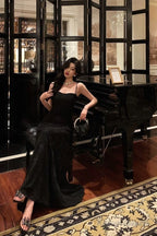 French A-Line Spaghetti Straps Black Long Lace Prom Dress Birthday Outfits Prom Gowns