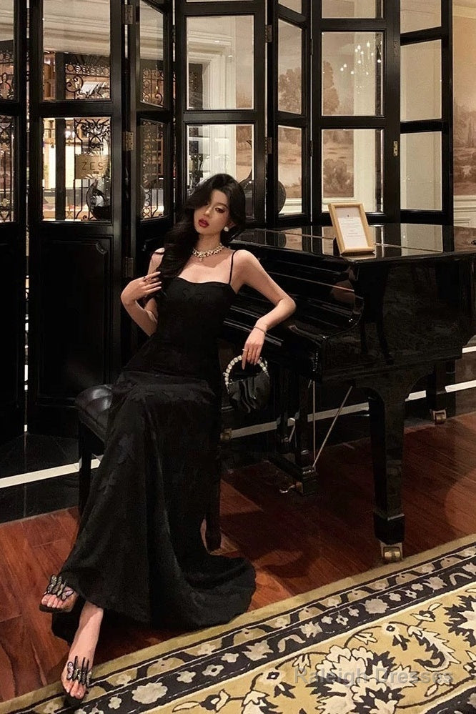 French A-Line Spaghetti Straps Black Long Lace Prom Dress Birthday Outfits Prom Gowns
