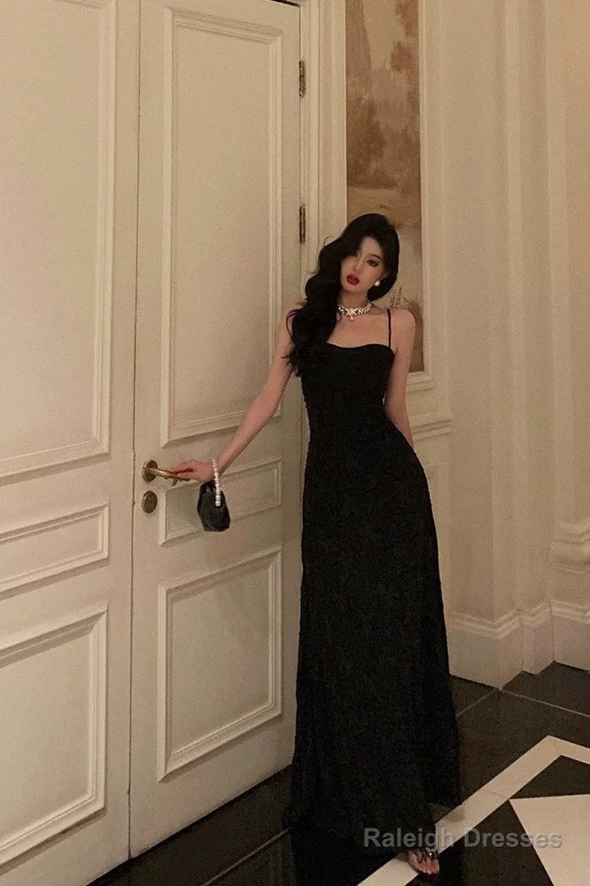 French A-Line Spaghetti Straps Black Long Lace Prom Dress Birthday Outfits Prom Gowns
