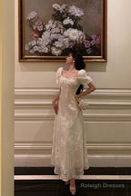 French A Line Square Neckline Short Sleeves Floral Lace Prom Dresses Birthday Outfit