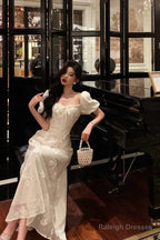 French A Line Square Neckline Short Sleeves Floral Lace Prom Dresses Birthday Outfit