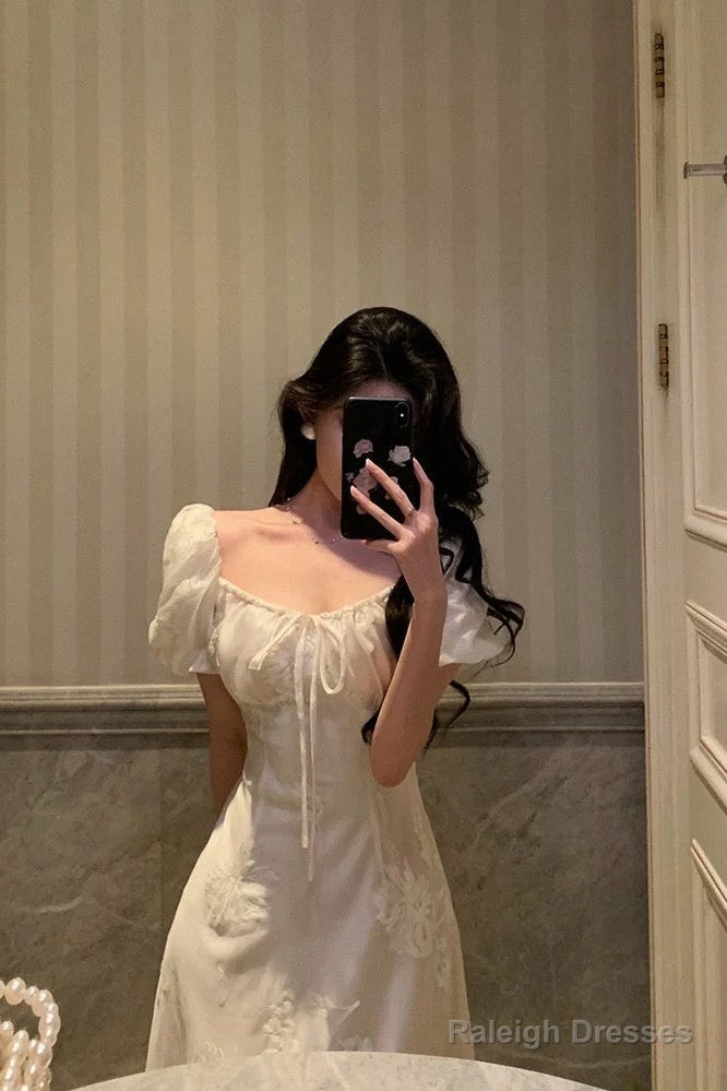 French A Line Square Neckline Short Sleeves Floral Lace Prom Dresses Birthday Outfit