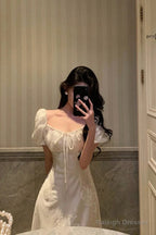 French A-Line Square Neckline Short Sleeves Floral Lace Prom Dress Birthday Outfit