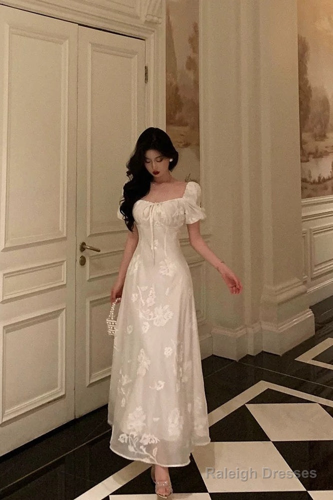 French A-Line Square Neckline Short Sleeves Floral Lace Prom Dress Birthday Outfit