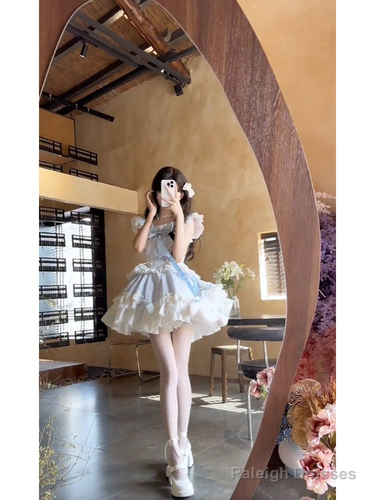 French Ball Gown Square Neckline Short Tulle Blue Lolita Dresses Party Dress Birthday Outfits
