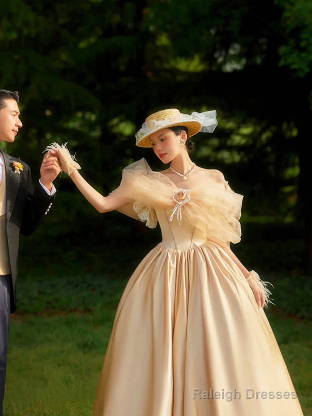 French Champagne Satin Corset Long Prom Dress, Off The Shoulder Evening Party Dress