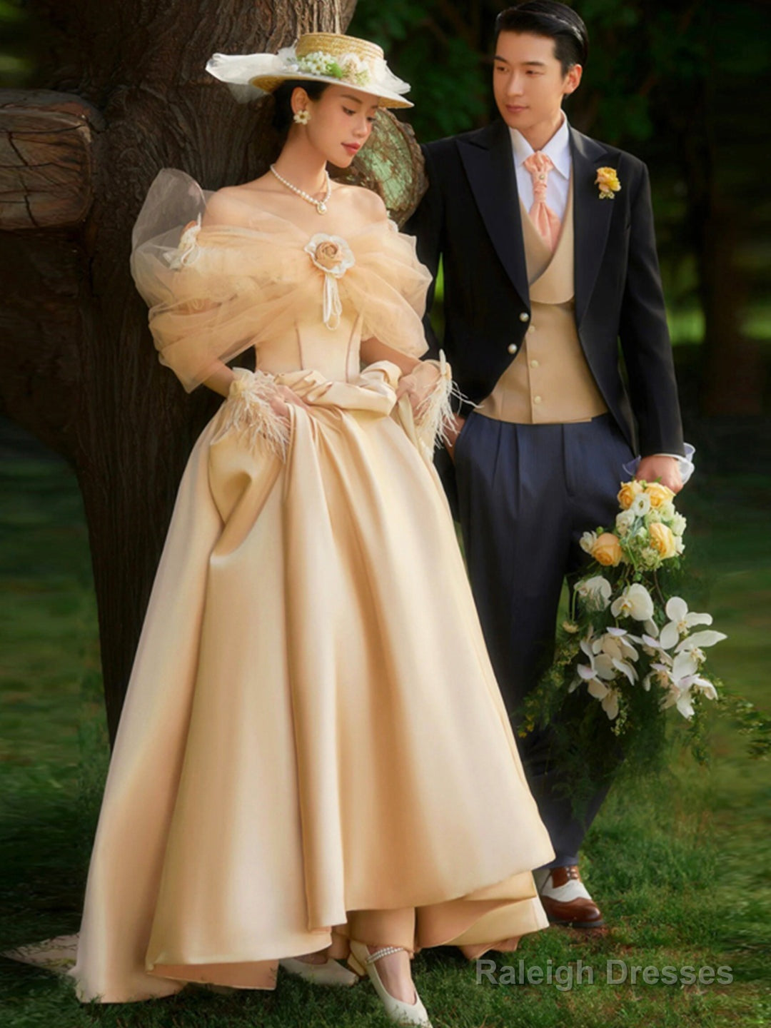 French Champagne Satin Corset Long Prom Dress, Off The Shoulder Evening Party Dress Main image