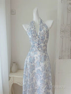 French Halter V Neck Print Floral Long Prom Dress Chiffon Evening Dress