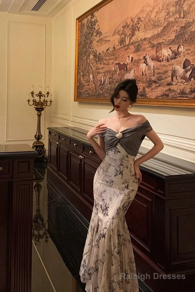 French Mermaid Off The Shoulder Floral Long Prom Dresses Birthday Outfits Secondary image