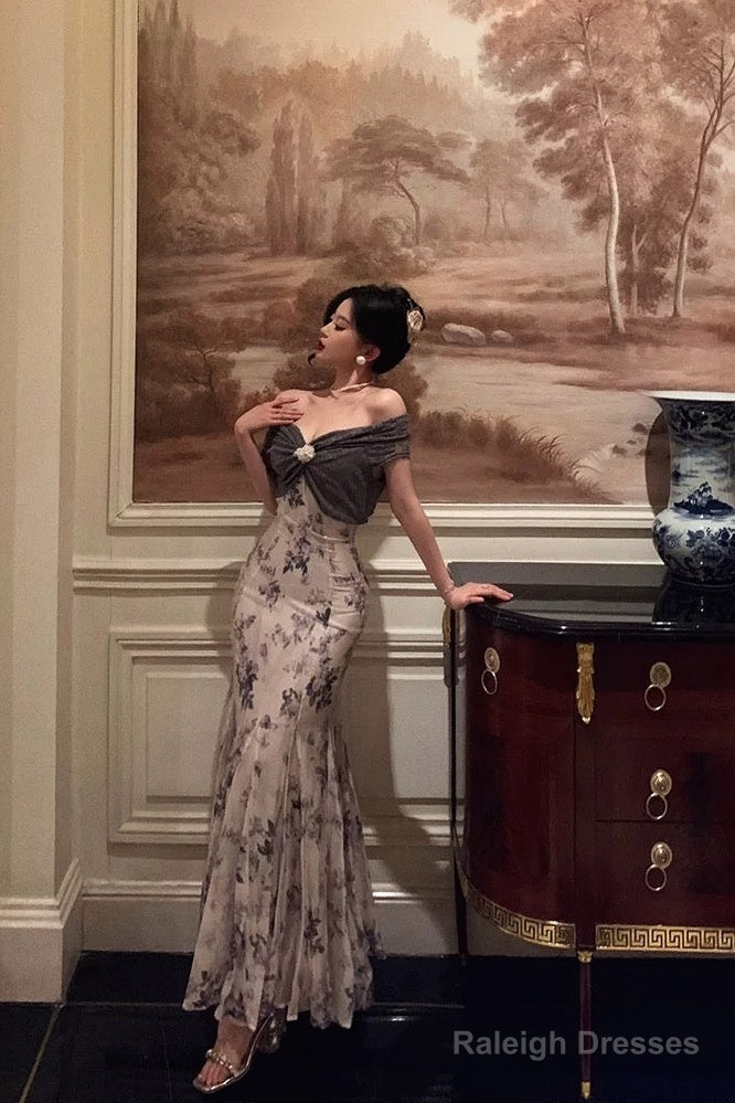 French Mermaid Off The Shoulder Floral Long Prom Dresses Birthday Outfits