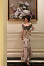 French Mermaid Off The Shoulder Floral Long Prom Dresses Birthday Outfits