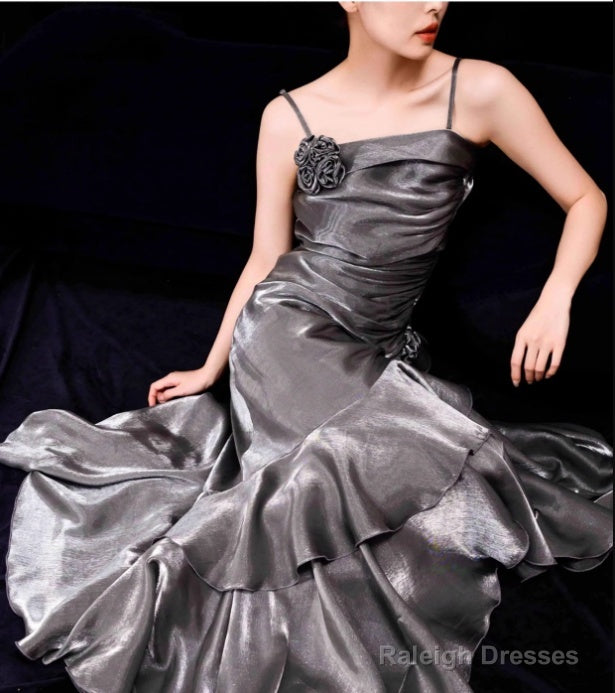 French Mermaid Spaghetti Straps Ruffles Silver Gray Prom Dress Long Birthday Outfits