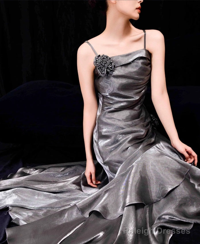 French Mermaid Spaghetti Straps Ruffles Silver Gray Prom Dress Long Birthday Outfits