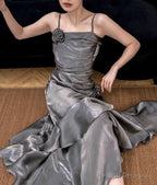 French Mermaid Spaghetti Straps Ruffles Silver Gray Prom Dresses Long Birthday Outfits