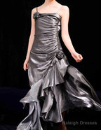 French Mermaid Spaghetti Straps Ruffles Silver Gray Prom Dresses Long Birthday Outfits