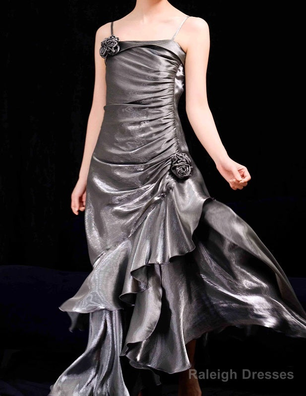 French Mermaid Spaghetti Straps Ruffles Silver Gray Prom Dresses Long Birthday Outfits