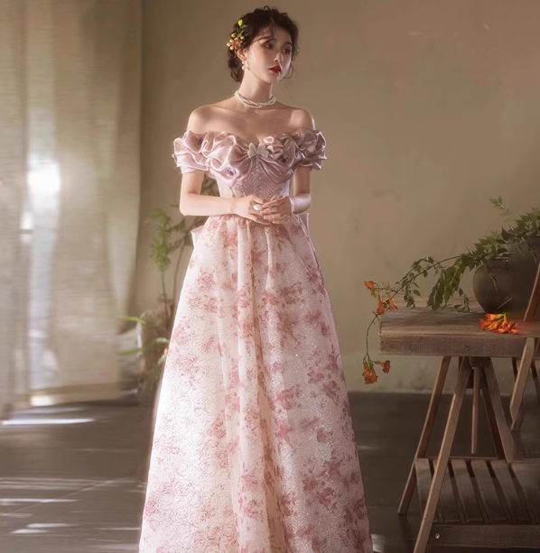 French Pink Printed A-Line Off-The-Shoulder Bow Tulle Long Formal Prom Dress