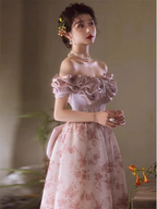 French Pink Printed A-Line Off-The-Shoulder Bow Tulle Long Formal Prom Dress