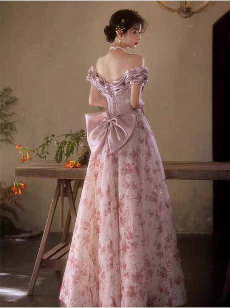 French Pink Printed A-Line Off-The-Shoulder Bow Tulle Long Formal Prom Dress