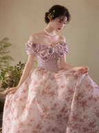 French Pink Printed A-Line Off-The-Shoulder Bow Tulle Long Formal Prom Dress