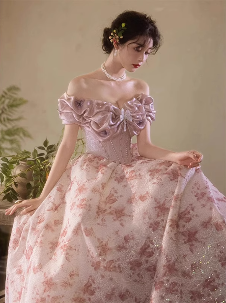 French Pink Printed A-Line Off-The-Shoulder Bow Tulle Long Formal Prom Dress