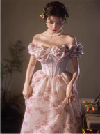French Pink Printed A-Line Off-The-Shoulder Bow Tulle Long Formal Prom Dress