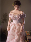 French Pink Printed A-Line Off-The-Shoulder Bow Tulle Long Formal Prom Dress