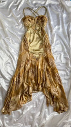 French Retro Gold Beaded Satin Irregular Skirt Prom Dresses