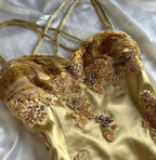 French Retro Gold Beaded Satin Irregular Skirt Prom Dresses