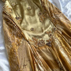 French Retro Gold Beaded Satin Irregular Skirt Prom Dresses