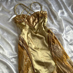 French Retro Gold Beaded Satin Irregular Skirt Prom Dresses