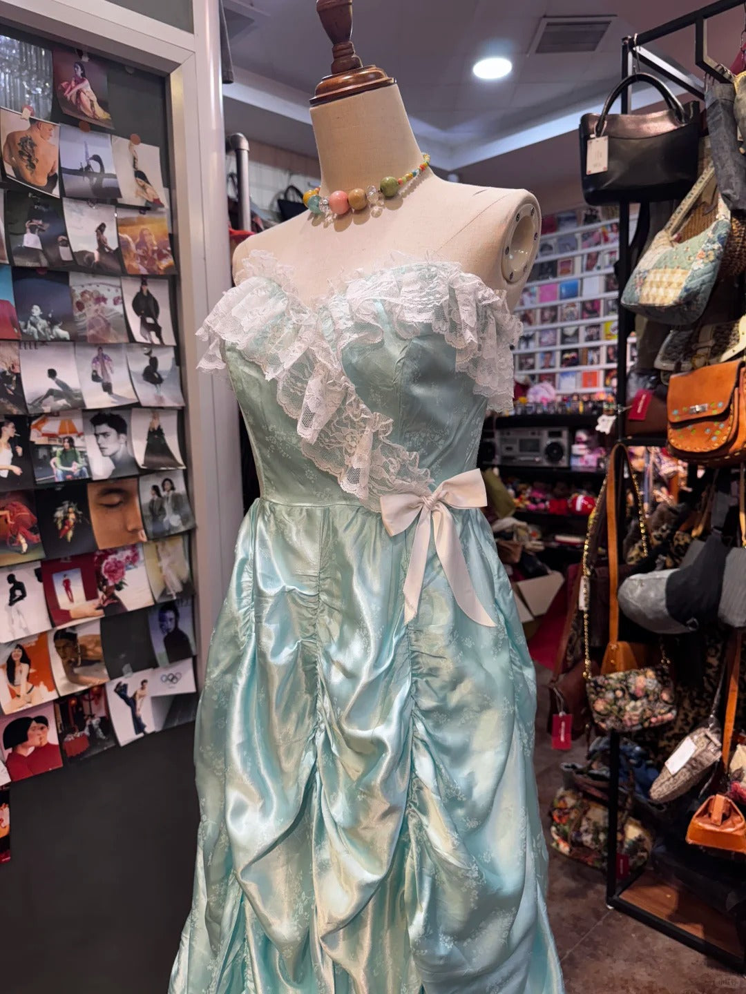 French Retro Mint Green A-Line Strapless Lace Ruffle Satin Long Formal Prom Dress