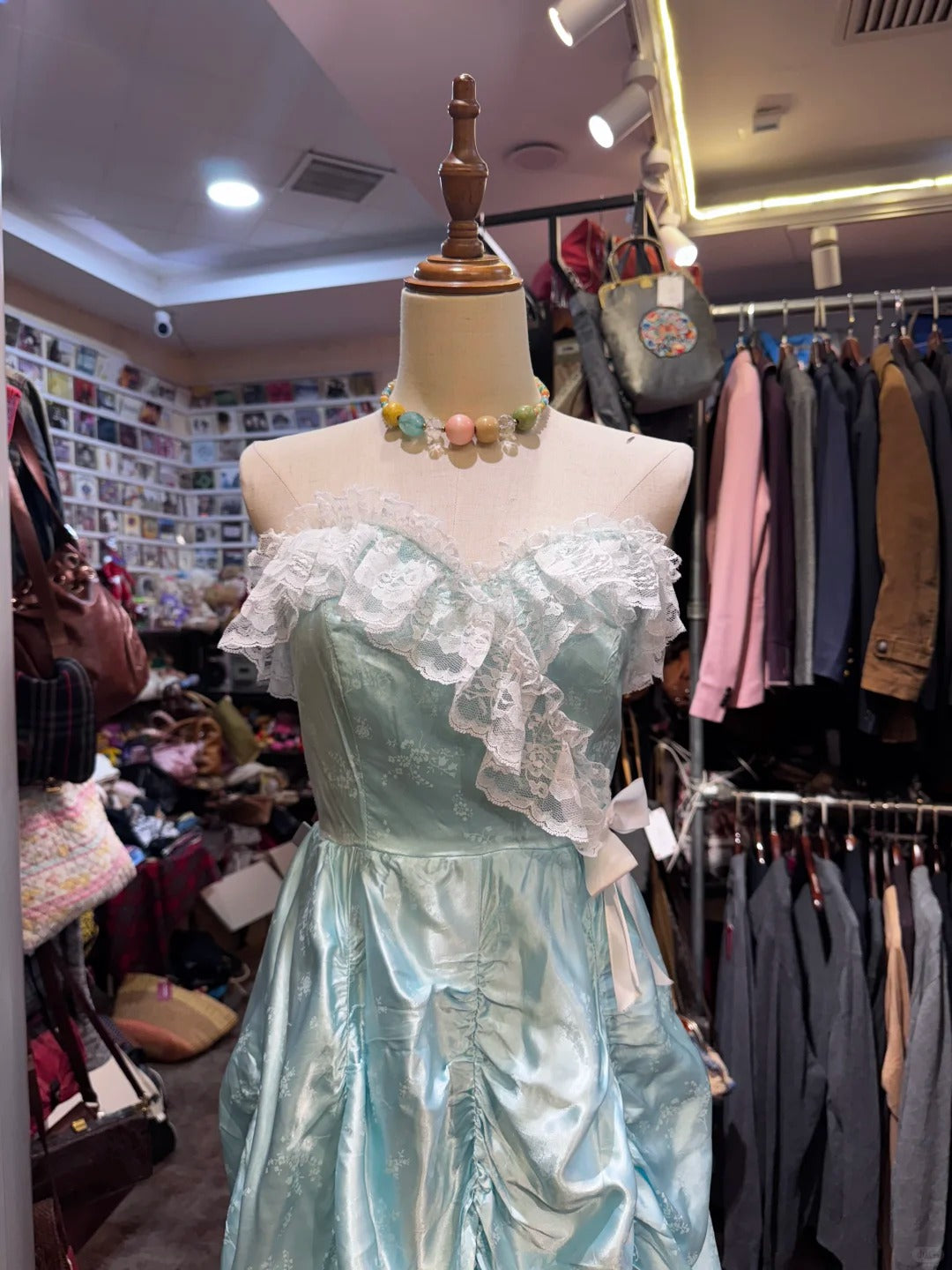 French Retro Mint Green A-Line Strapless Lace Ruffle Satin Long Formal Prom Dress