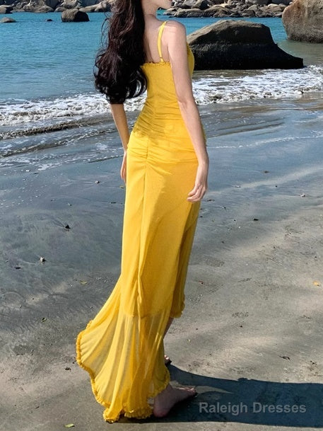 French Retro Yellow Holiday Style Sling Fork Long Skirt