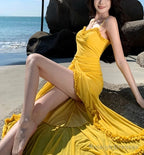 French Retro Yellow Holiday Style Sling Fork Long Skirt