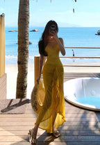 French Retro Yellow Holiday Style Sling Fork Long Skirt