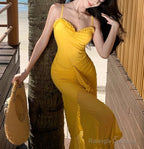 French Retro Yellow Holiday Style Sling Fork Long Skirt