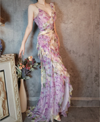 French Romantic Purple Floral Print V-Neck Backless Layered Pleated Chiffon Formal Prom Dress