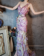 French Romantic Purple Floral Print V-Neck Backless Layered Pleated Chiffon Formal Prom Dress