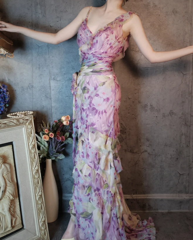 French Romantic Purple Floral Print V-Neck Backless Layered Pleated Chiffon Formal Prom Dress