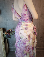 French Romantic Purple Floral Print V-Neck Backless Layered Pleated Chiffon Formal Prom Dress