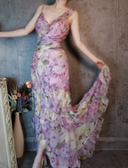 French Romantic Purple Floral Print V-Neck Backless Layered Pleated Chiffon Formal Prom Dress