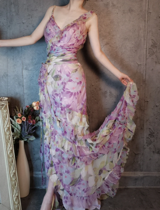 French Romantic Purple Floral Print V-Neck Backless Layered Pleated Chiffon Formal Prom Dress