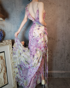 French Romantic Purple Floral Print V-Neck Backless Layered Pleated Chiffon Formal Prom Dress