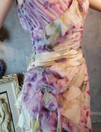 French Romantic Purple Floral Print V-Neck Backless Layered Pleated Chiffon Formal Prom Dress