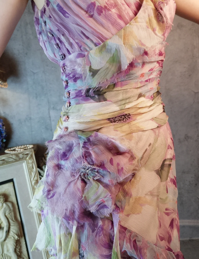 French Romantic Purple Floral Print V-Neck Backless Layered Pleated Chiffon Formal Prom Dress